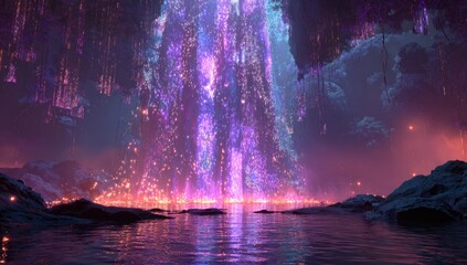 A vibrant, otherworldly cave with a luminous waterfall