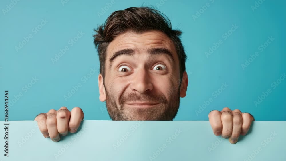 Poster man making a funny face with hands in frame.