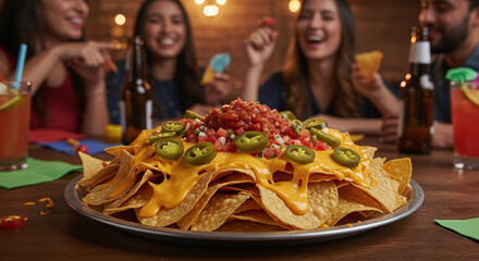 A group of friends enjoying nachos with cheese and jalapeños at a gathering with drinks and laughter