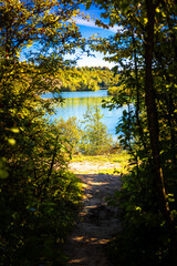 Framed forest path leading to turquoise waters at Dyckerhoffsee, Beckum, Germany