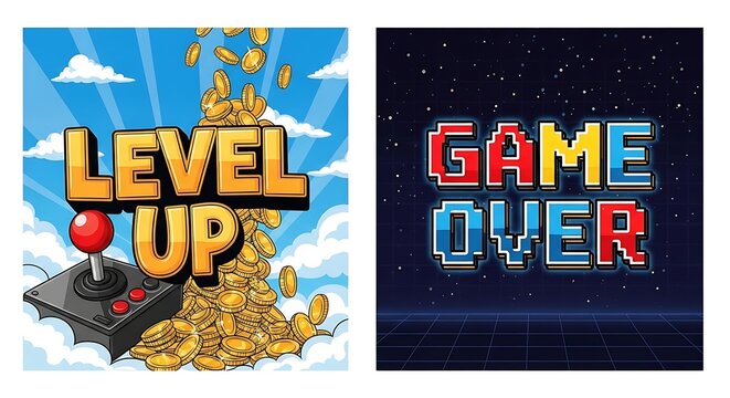 Vibrant Retro Video Game Graphics Depicting Success and Failure Scenarios