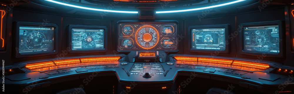 Poster futuristic control room features multiple monitoring screens with digital interfaces, data displays.