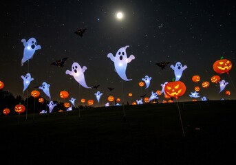Naklejka premium Halloween night scene with ghosts, pumpkins, and bats decorations