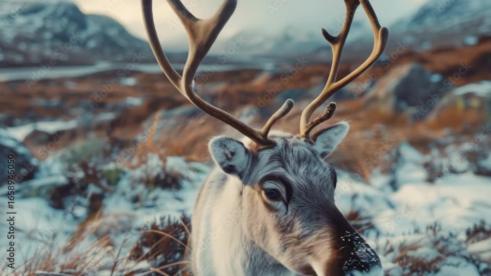 Poster rear view of reindeer with snow on its face in a cold environment