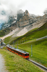 Passenger Train Curving Through Alpine Meadows at Kleine Scheidegg, Switzerland with Snow-Capped Peaks in the Background