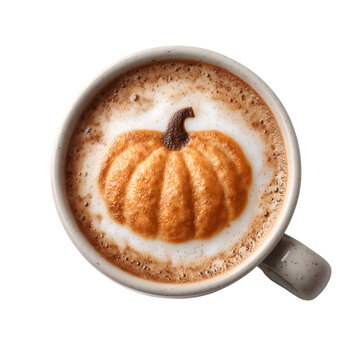 A cup of pumpkin spice latte with pumpkin latte art isolated on transparent background, perfect for autumn, fall, and holiday celebrations