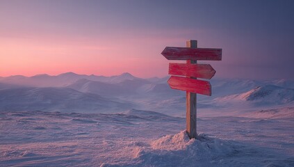 Snowy mountaintop with a red wooden sign