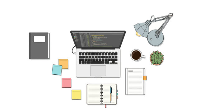 Creative workstation setup with laptop, stationery, and refreshing cup of coffee