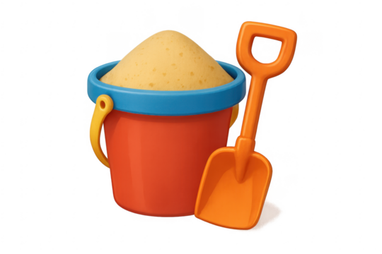 Plastic bucket and shovel with sand on transparent background