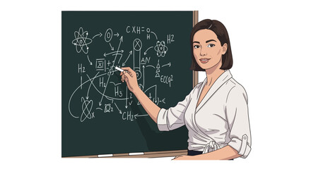Enthusiastic female teacher lecturing chemical formulas at the chalkboard