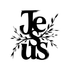 Black and White Typography Illustration of the Word 'Jesus' with Crown of Thorns Above the Lettering