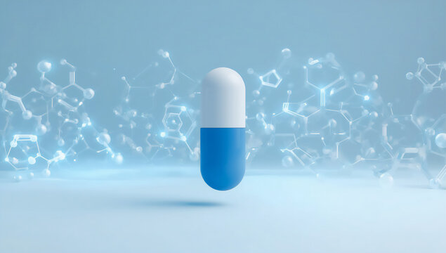 Blue and white capsule with molecule structure on a light blue background - Powered by Adobe