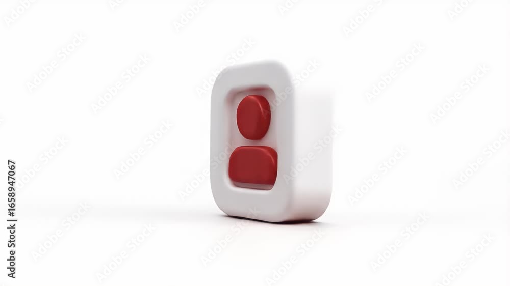 Poster animated 3d icon: red user profile symbol on white square rotating