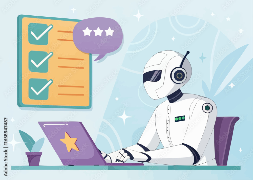 Poster illustration of a robot working on a laptop with a checklist and a rating bubble present