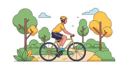 Naklejka premium A Cyclist riding bicycle in a colorful park with trees enjoying an outdoor exercise on a sunny day, depicting a healthy and active lifestyle
