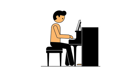 Minimalist rendition of a pianist passionately absorbed in playing a grand piano against a crisp white background for creative projects