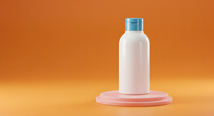 Clean white bottle with blue cap and pink ring on orange surface