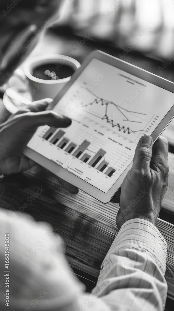 Poster man using tablet for financial analysis, focusing on stock market chart and graph data