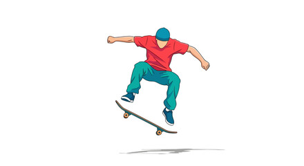 Obraz premium Dynamic illustration showcasing a skateboarder performing a daring mid-air trick with agility and flair on a crisp white backdrop perfect for action