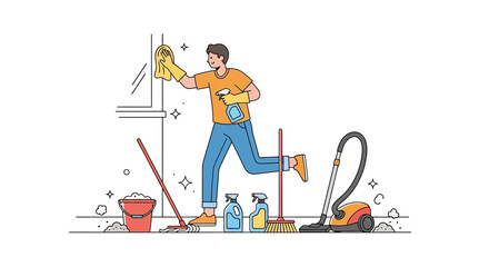 Energetic man cleaning with tools, cartoon style illustration with cleaning tools and accessories for hygiene with vibrant colors in a home setting