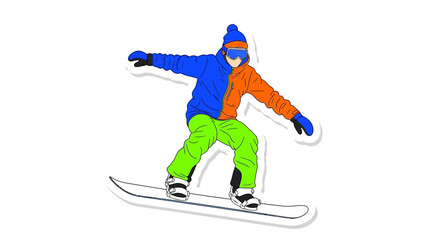Fototapeta premium Dynamic snowboarder illustration with bold colors and a sticker effect, embodying winter sports and action, ideal for graphic design projects