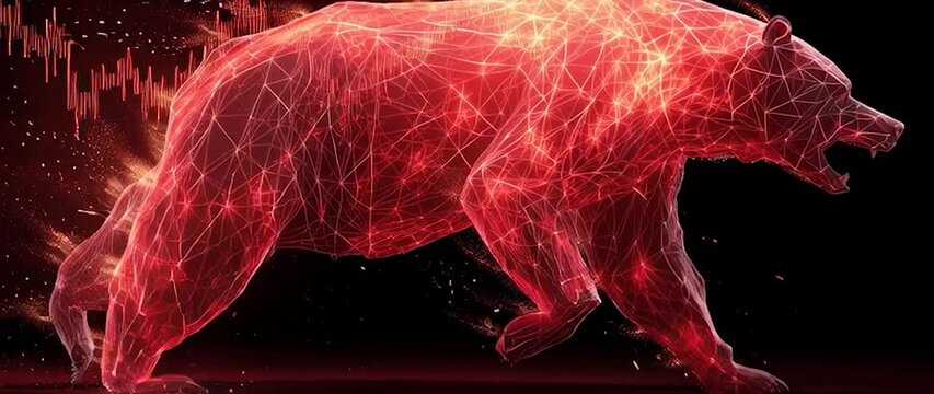 Anamorphic video Digital Bear Market Representation with Declining Graph, Symbolizing a bear market in finance. ideal for themes related to financial and economic themes.