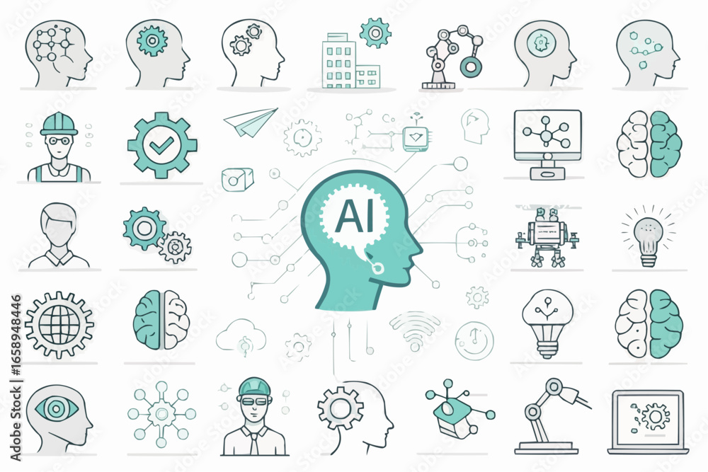 Poster illustration showing various ai related icons including head with ai text and gears and buildings an