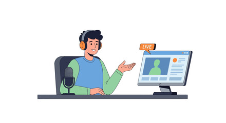 Illustration of a man broadcasting live with a microphone and headphones for his online audience on a digital platform