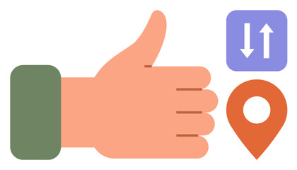 Hand giving thumbs-up next to orange location pin and blue data transfer icon. Ideal for navigation, approval, feedback, communication, direction, decision-making, or teamwork themes. Simple flat