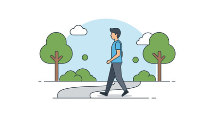 Man taking a leisurely stroll through the park with trees and clouds illustration ideal for promoting health and wellbeing initiatives