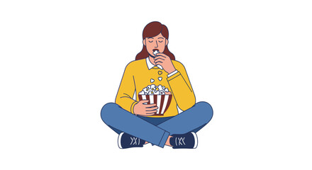 Woman Relaxing with Popcorn: An Illustration of Comfort and Leisure, Depicting a Cozy and Serene Moment of Solitude, Enjoying a Snack