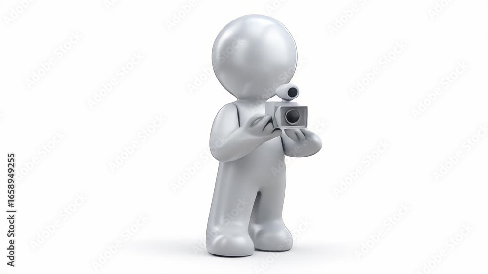 Poster 3d animator filming: a smooth rotation of a grey figure with a camcorder