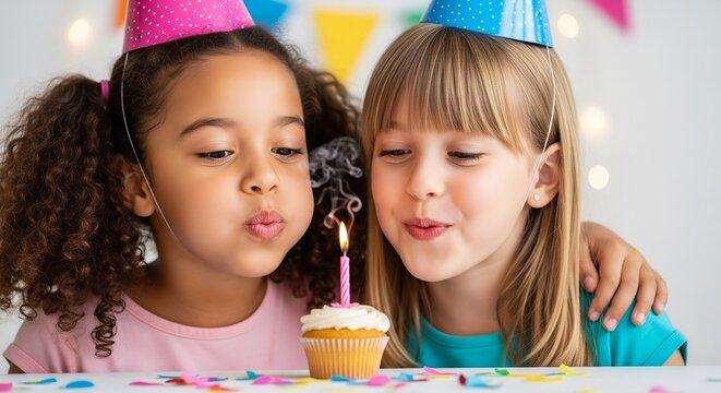 Two Girls Celebrate a Birthday Party with Cupcake and Candles - Powered by Adobe