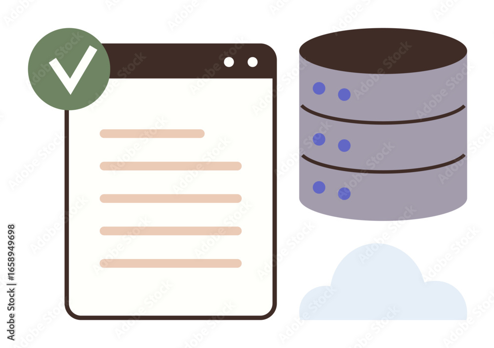 Aufkleber server stack, cloud icon, and checklist with a checkmark illustrate data management, cloud computing