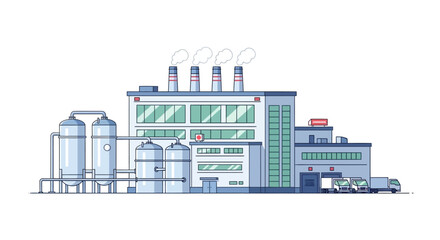 Fototapeta premium Illustrated industrial facility showcasing tanks, chimney stacks, and delivery trucks, portraying a modern manufacturing landscape conveying