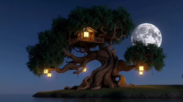 Magical Treehouse with Glowing Lanterns on Island at Night under Full Moon Featuring Tranquil Seascape Water and Dark Blue Sky. Seamless looping 4k video background
