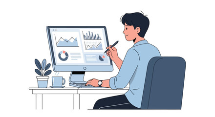 Data Insights: Man analyzing charts on computer, digital transformation, future technology and business innovation concept design illustration