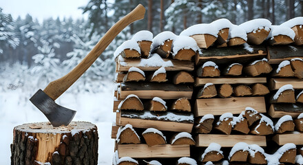 Winter preparations in the countryside with a chopping axe and a stack of firewood covered in fresh snow.