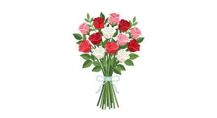 Elegant floral arrangement featuring red, pink and white roses tied with a delicate light blue ribbon for romantic greetings and celebrations