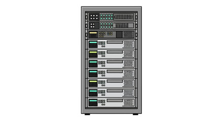Illustrated server rack hosting infrastructure for cloud computing and network data processing applications depicting technological hardware equipment