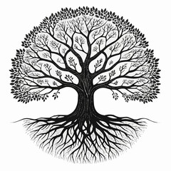 Illustration of a detailed black and white tree with roots and leaves in circular arrangement