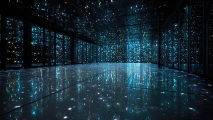 Dark, reflective corridor with glittering lights