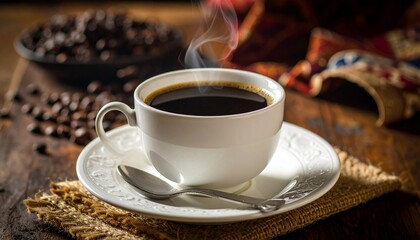 Steaming coffee cup on saucer with beans