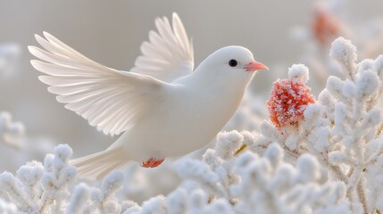 Obraz premium White bird with outstretched wings perched among white and pink plants.
