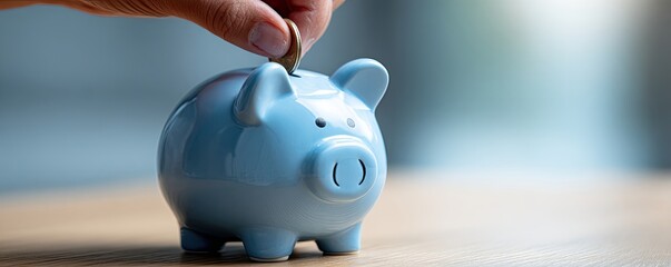Hand inserting coin into a light blue piggy bank on a light wooden table