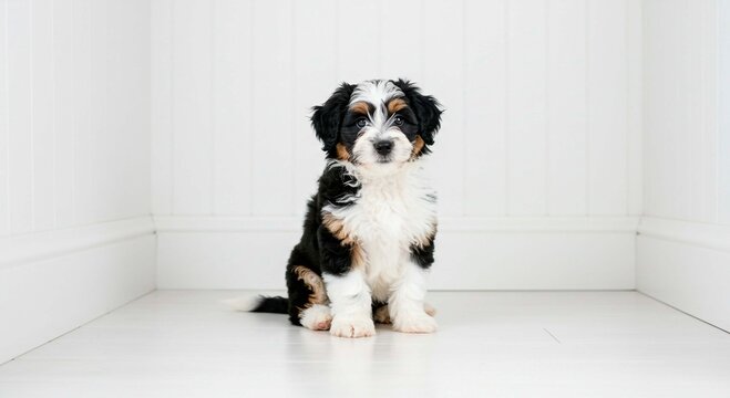 A small bernedoodle puppy sitting in a white room looking at the camera with curious eyes and fluffy fur