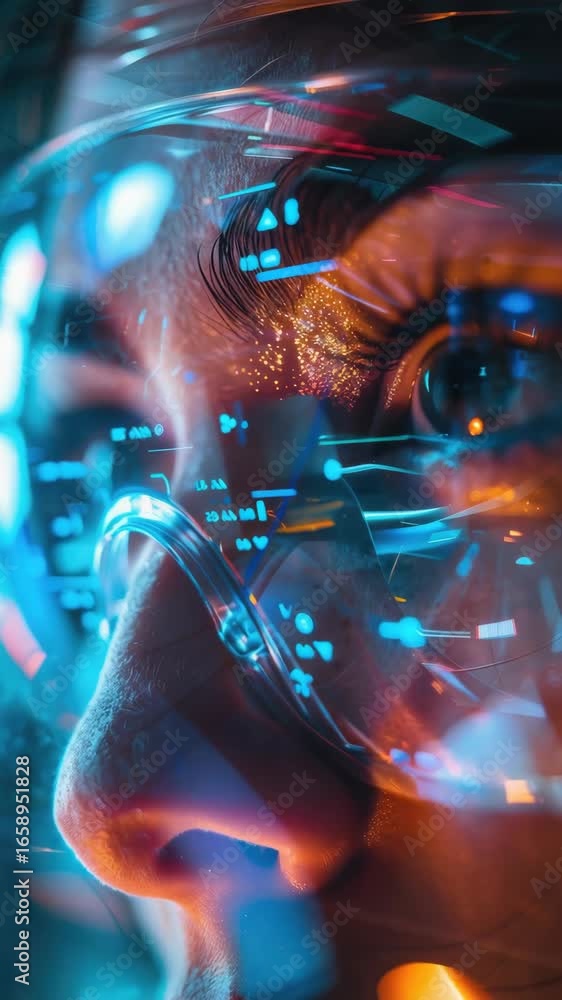 Aufkleber the depicts a person using a high-tech virtual reality device. the interface is futuristic, with an 