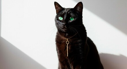 A sleek black cat with striking green eyes wearing a gold pendant against a white backdrop in soft light