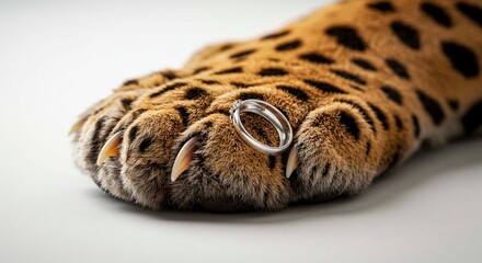 Obraz premium A close up of a leopard paw with sharp claws and a silver ring resting on the fur against white