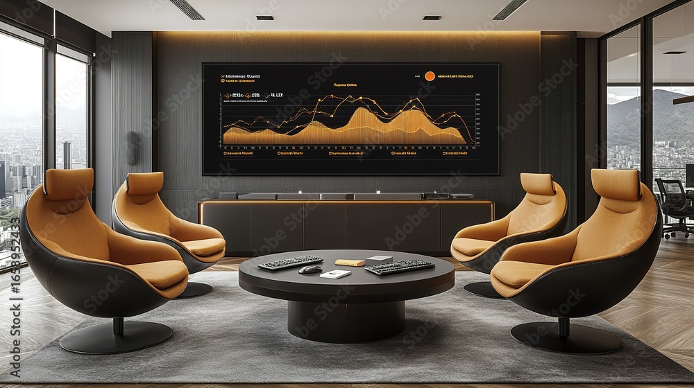 Poster modern office lounge area with chairs and a screen displaying data graphs.